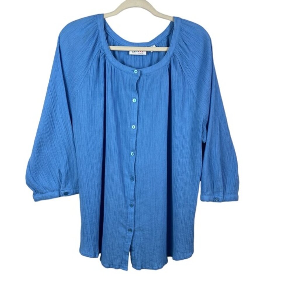 D&Co Women's Size 2X Crinkle Button Up Blouse 3 4 Sleeve Light Blue